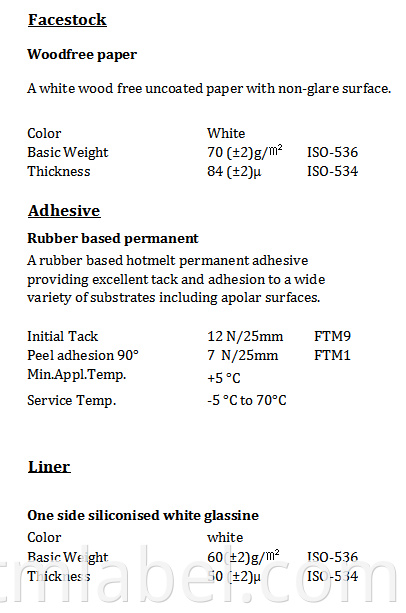 70g Woodfree Paper Hotmelt 60g White Glassine Tds